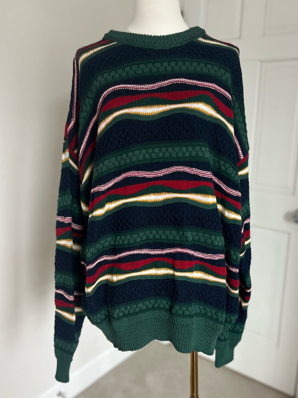 Vintage Structure Men’s Chunky Knit Cotton Striped Crew Neck Grandpa Sweater XL